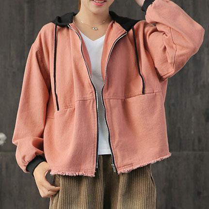 diy patchwork color hooded cotton tunic outwear Shape pink coats fall - Omychic