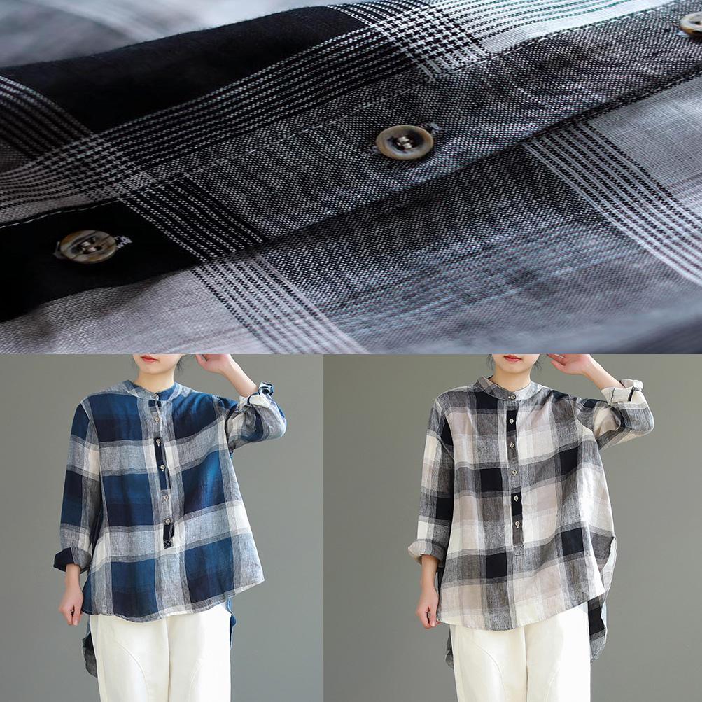 diy stand collar Button Down cotton Long Shirts 2019 pattern blue gray Plaid Knee shirt - Omychic