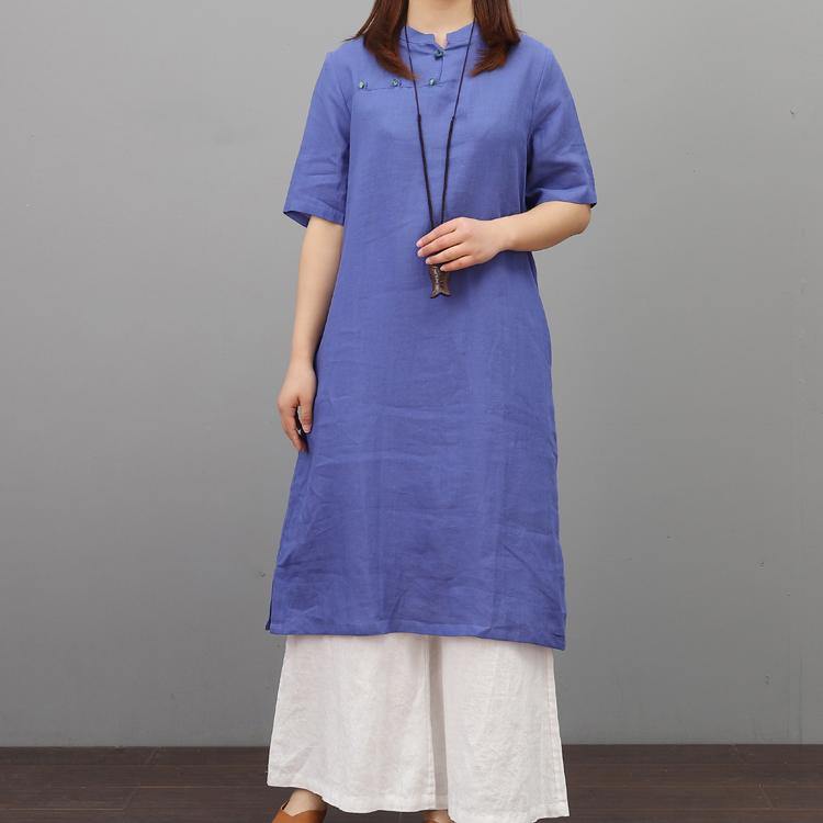 diy stand collar linen dresses Work blue Dress summer - Omychic