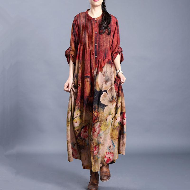diy stand collar wrinkled Fashion clothes red print daily cardigan - Omychic