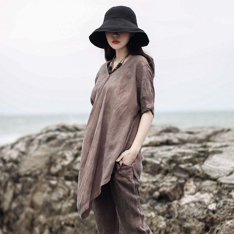 diy v neck asymmetric Blouse Neckline brown blouse summer - Omychic