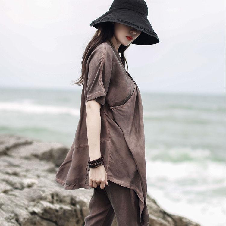 diy v neck asymmetric Blouse Neckline brown blouse summer - Omychic