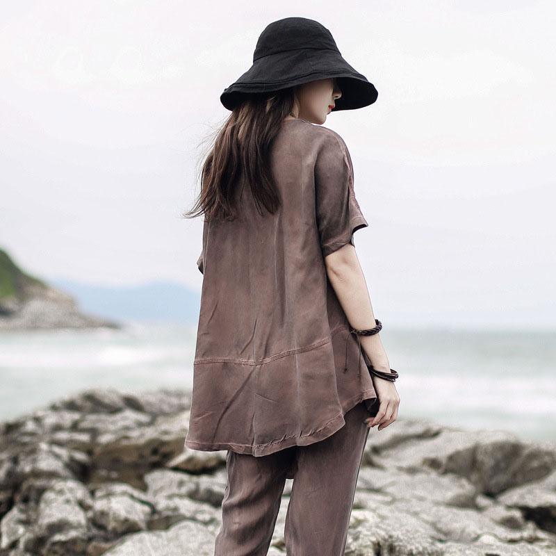 diy v neck asymmetric Blouse Neckline brown blouse summer - Omychic