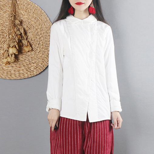 diy white cotton linen clothes Shirts turn-down collar thick Button Down winter blouses - Omychic