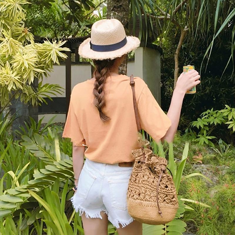 Drawstring Travel Crochet Straw Bucket Bag