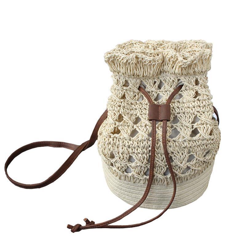 Drawstring Travel Crochet Straw Bucket Bag
