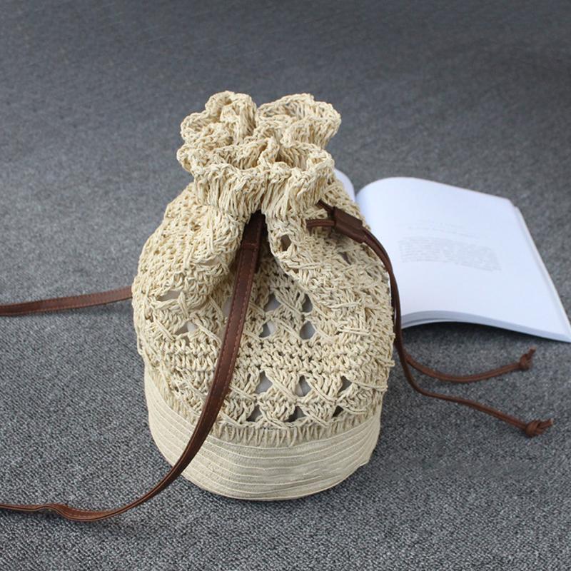 Drawstring Travel Crochet Straw Bucket Bag