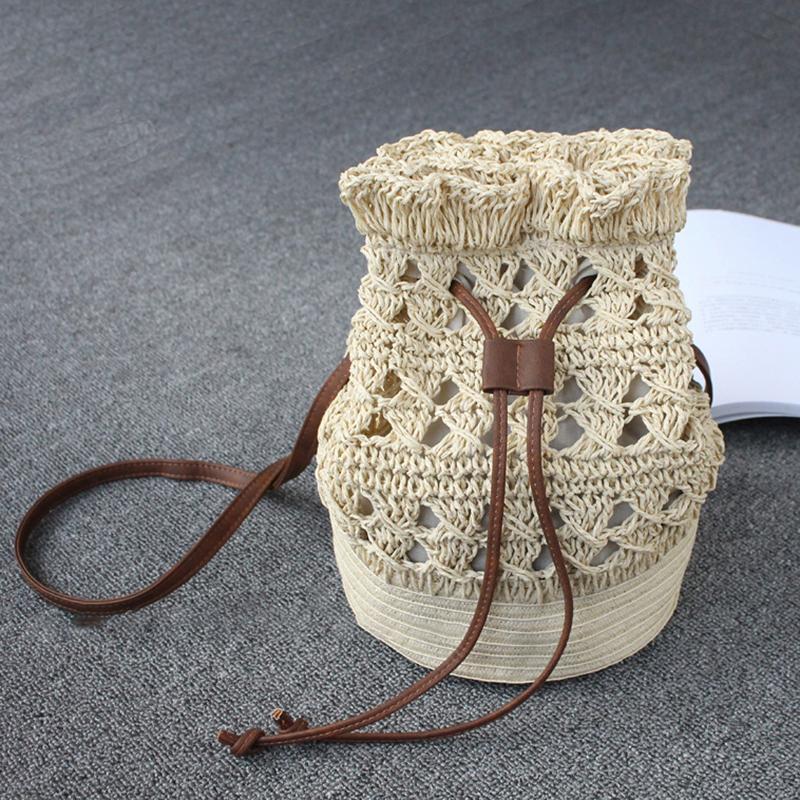 Drawstring Travel Crochet Straw Bucket Bag