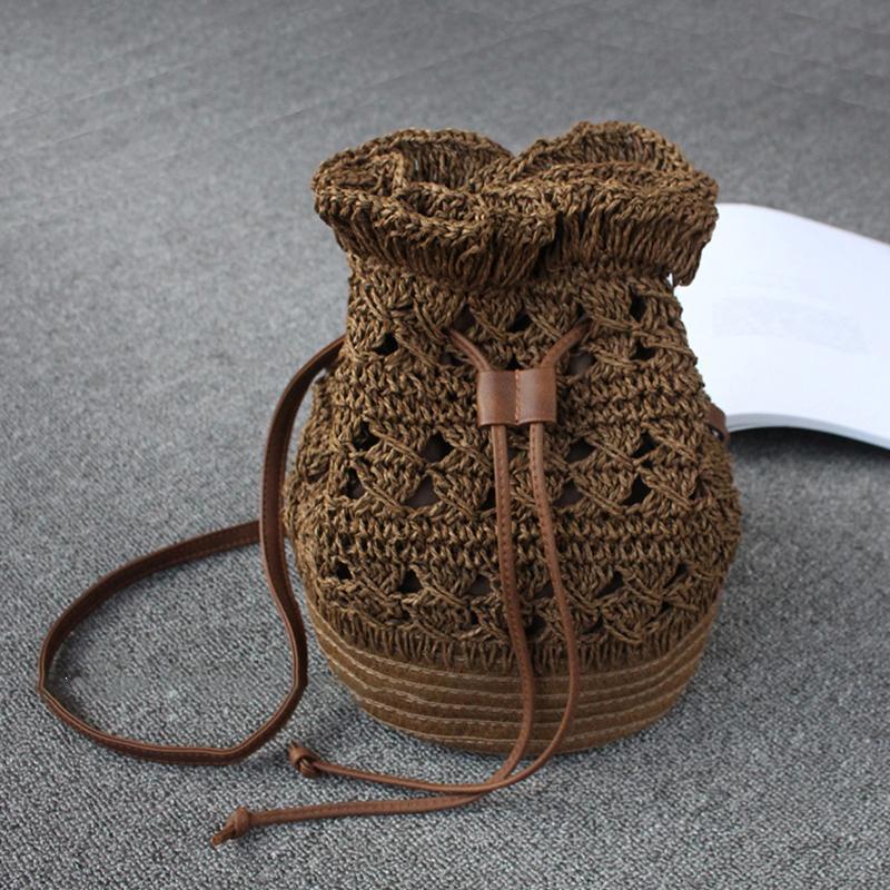 Drawstring Travel Crochet Straw Bucket Bag