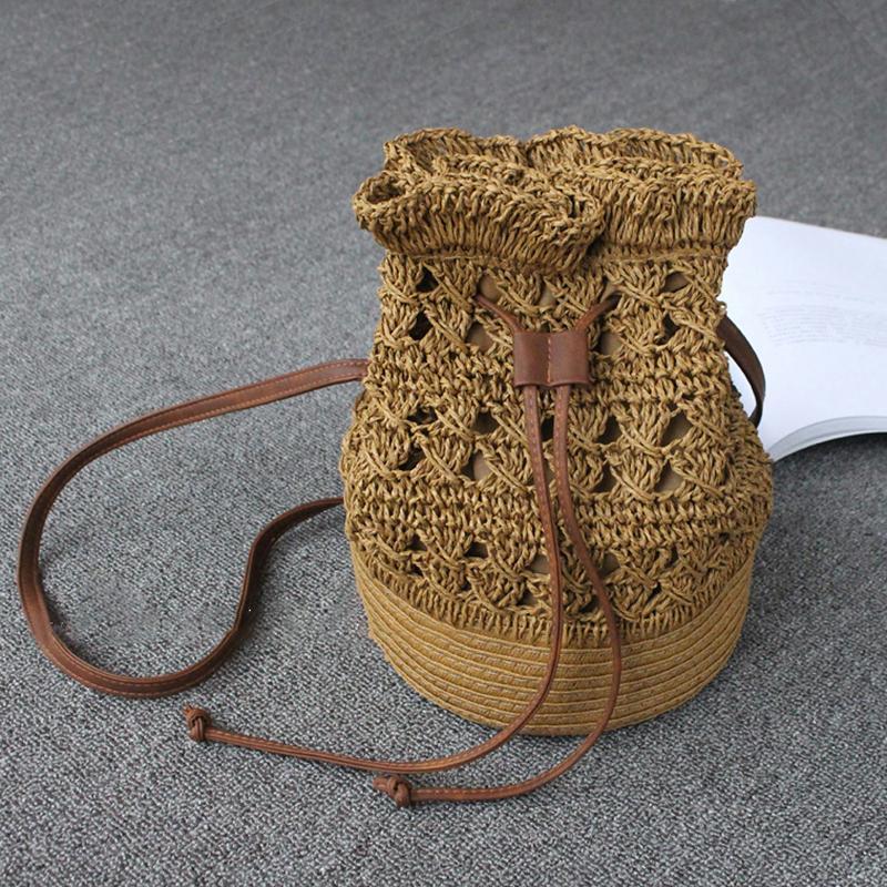 Drawstring Travel Crochet Straw Bucket Bag