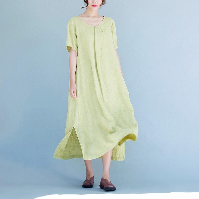 Women Cotton linen  short sleeve dress - Omychic