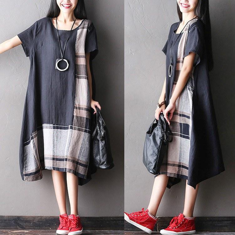 Women summer short sleeve loose cotton linen dress - Omychic