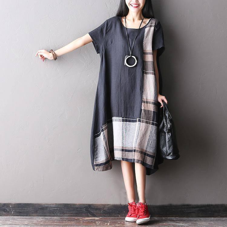 Women summer short sleeve loose cotton linen dress - Omychic