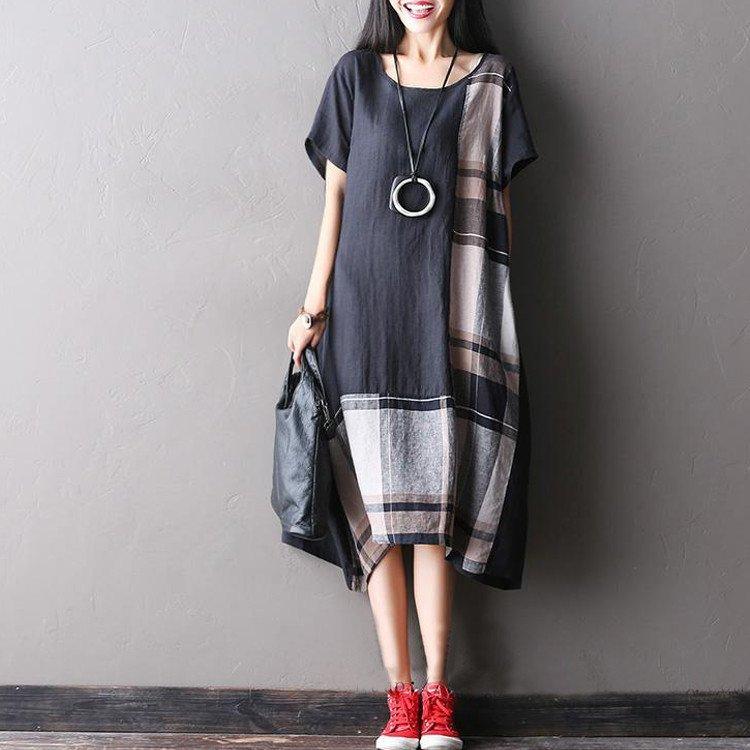 Women summer short sleeve loose cotton linen dress - Omychic