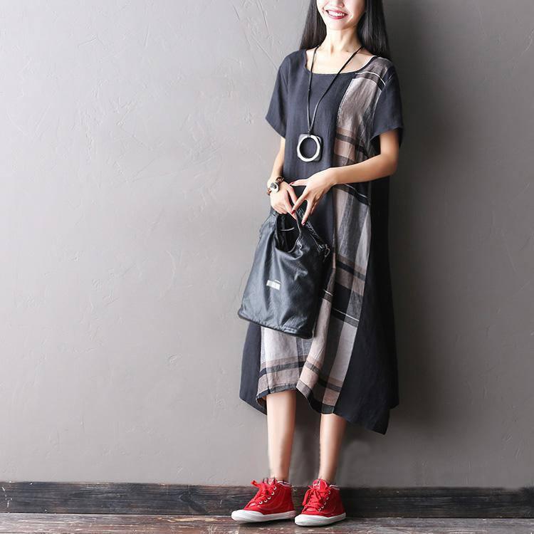 Women summer short sleeve loose cotton linen dress - Omychic