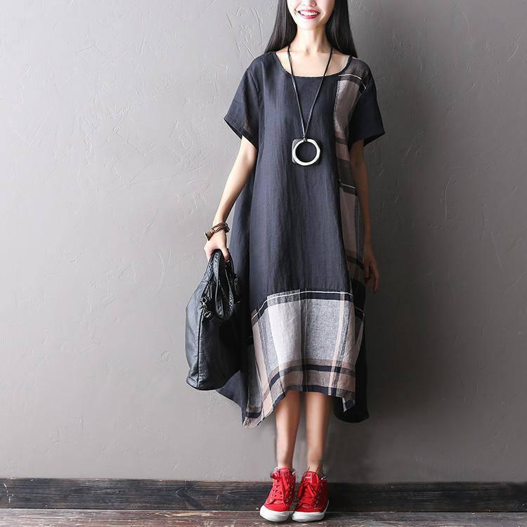 Women summer short sleeve loose cotton linen dress - Omychic