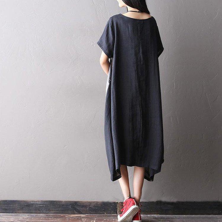 Women summer short sleeve loose cotton linen dress - Omychic