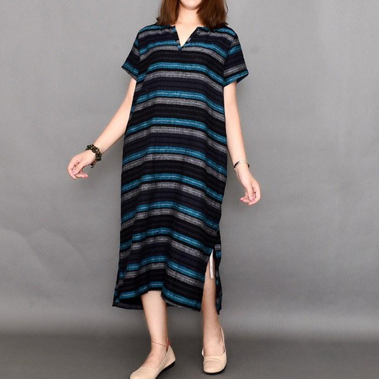 Women summer short sleeve stripe cotton dress - Omychic