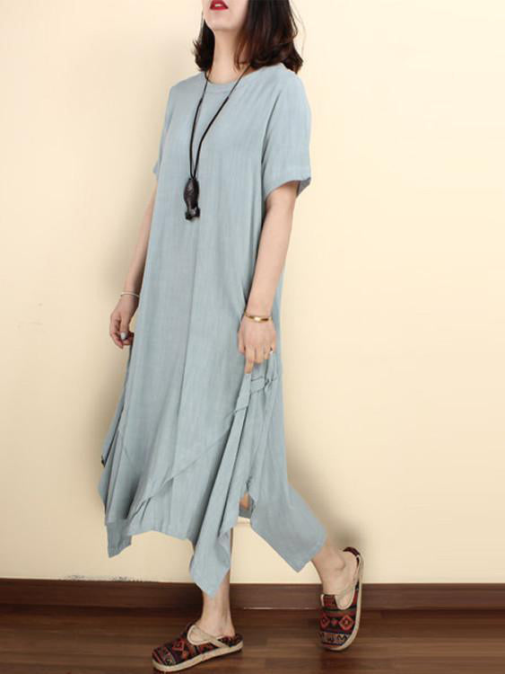 Women Summer Cotton Linen Short Sleeve Irregular Dress - Omychic