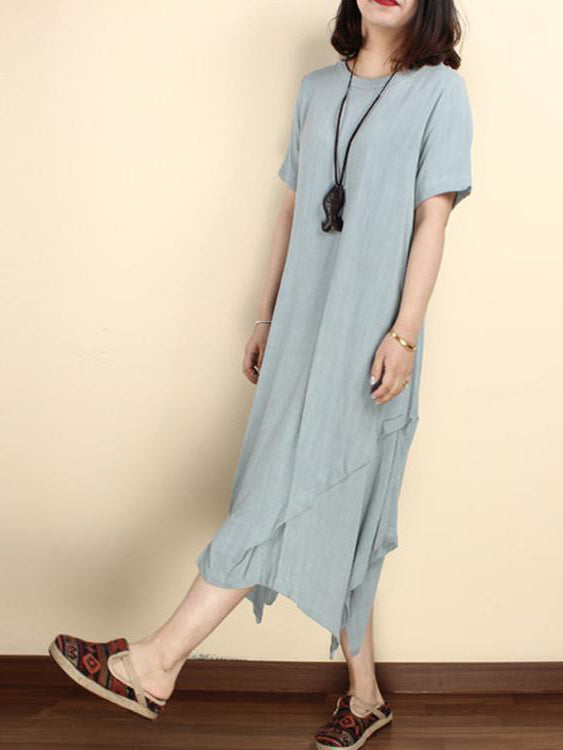 Women Summer Cotton Linen Short Sleeve Irregular Dress - Omychic