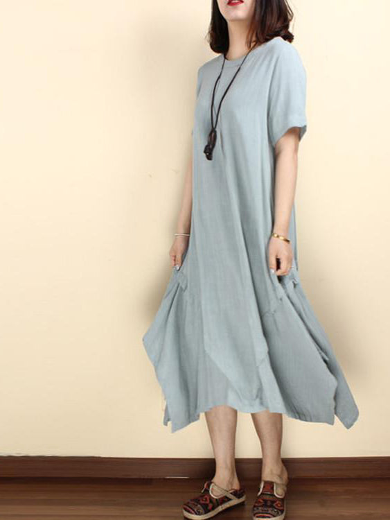 Women Summer Cotton Linen Short Sleeve Irregular Dress - Omychic