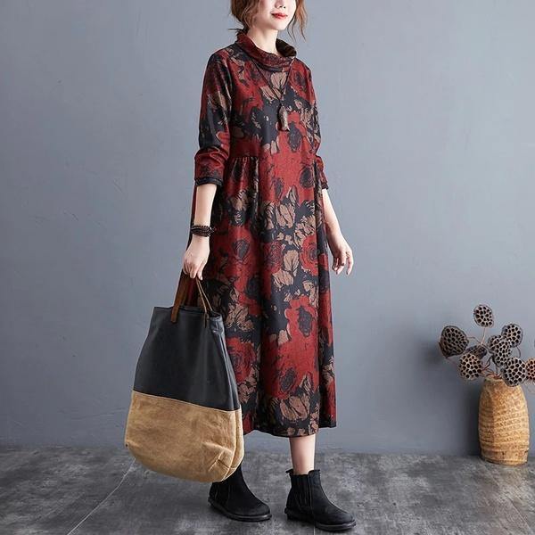 long sleeve plus size cotton wool vintage floral for women casual loose autumn winter dress - Omychic