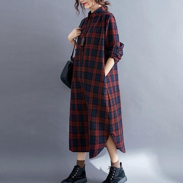 Vintage Plaid Turn-down Collar Loose Female Cotton Linen Long Dresses - Omychic