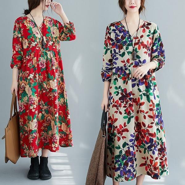 long sleeve plus size cotton linen vintage floral for women casual loose autumn dress - Omychic