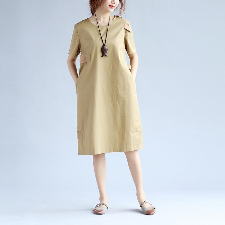 Cotton Women Splicing Short Sleeves Khaki Dress - Omychic
