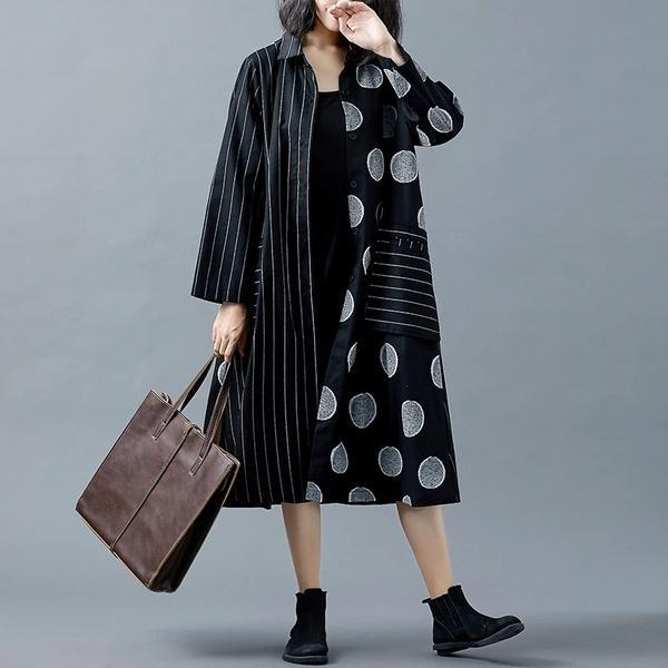 long sleeve plus size black cotton linen vintage  women casual loose autumn shirt dress - Omychic