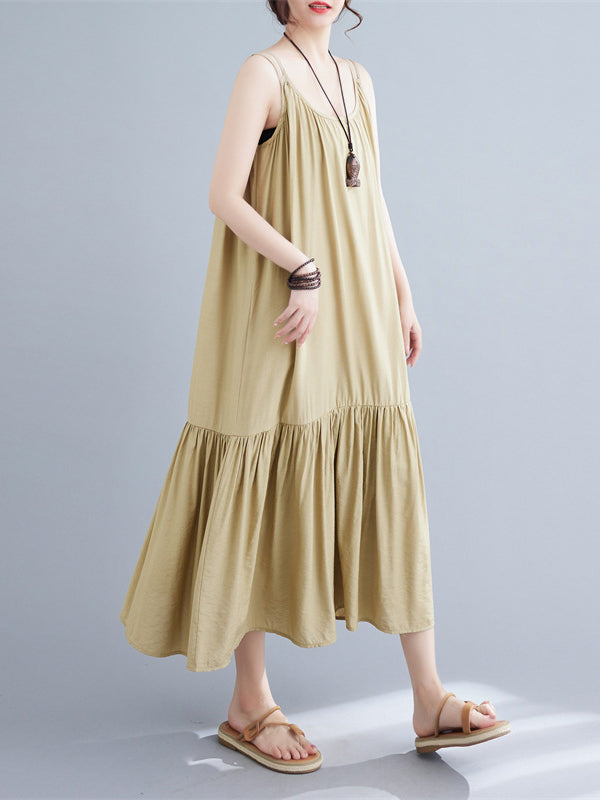 Pleated Solid Color Spaghetti-Neck Midi Dress