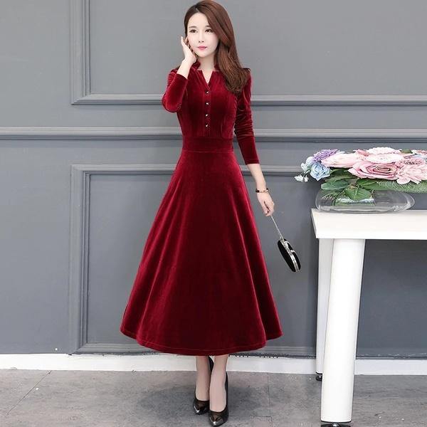 long sleeve plus size velvet vintage for women casual loose autumn winter dress - Omychic