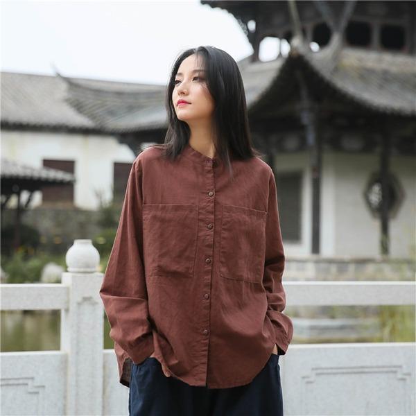 Women Autumn Cotton Linen Blouse Tops Ladies Loose Vintage Shirt - Omychic