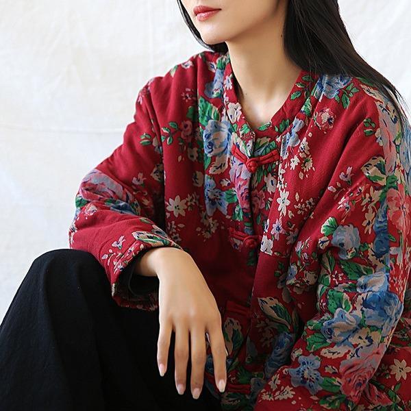Women Vintage Print Floral Parkas Red Stand Long Sleeve Winter Coats  Warm Parkas Coats - Omychic