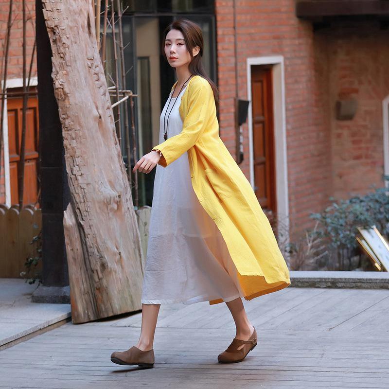 Cotton Linen Women Long Trench Spring Summer Long Sleeve Pocket Solid Linen Trench Coats - Omychic