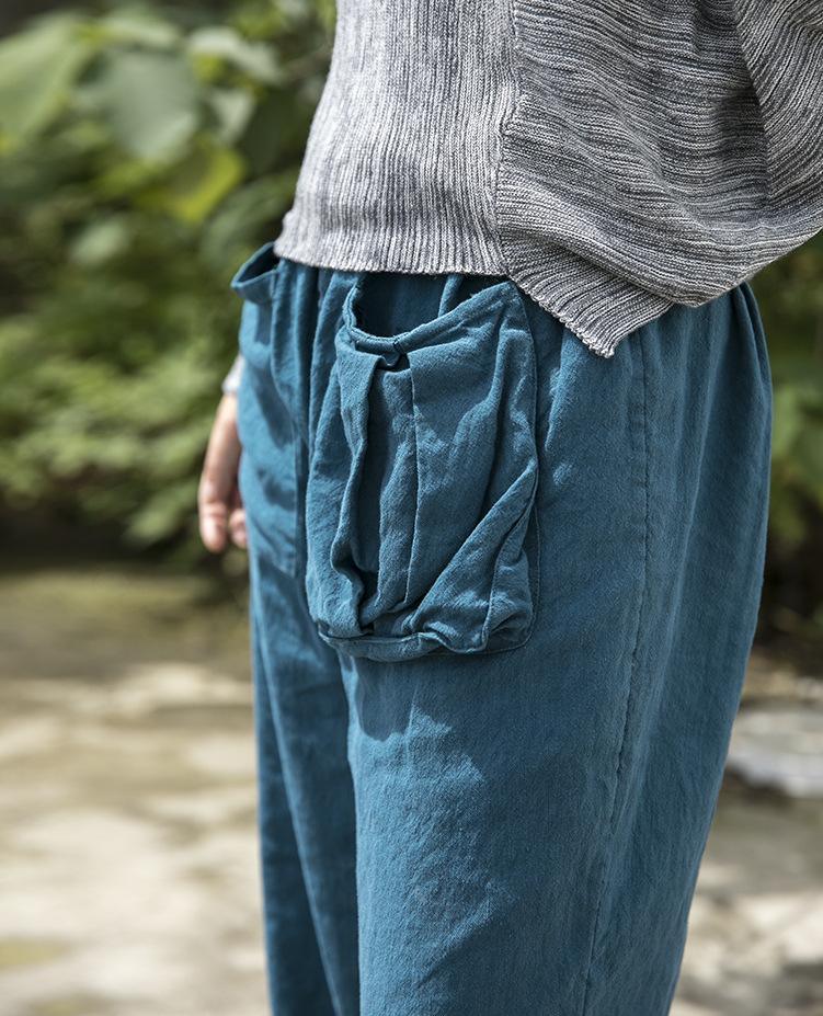 Omychic Loose Elastic Waist Solid Color Cotton Linen Pants Ladies Vintage irregular pockets Trousers Female 2020 Autumn Pants - Omychic