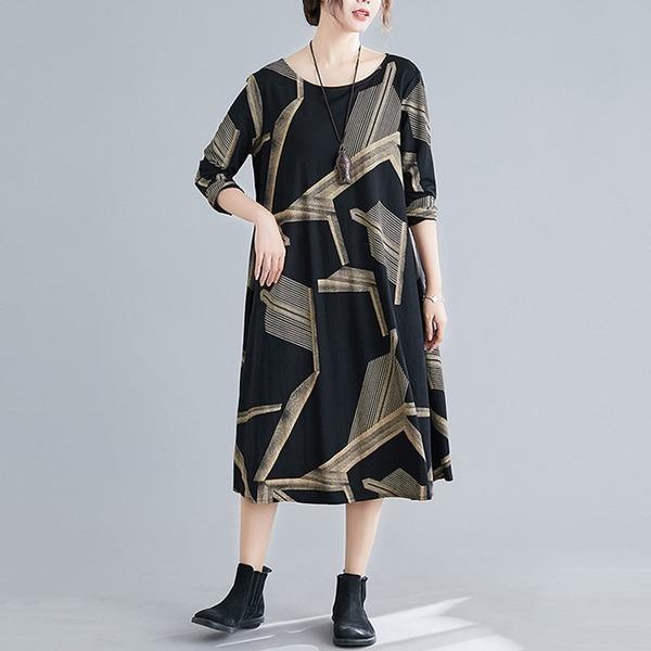long sleeve cotton plus size vintage women casual loose spring autumn dress - Omychic