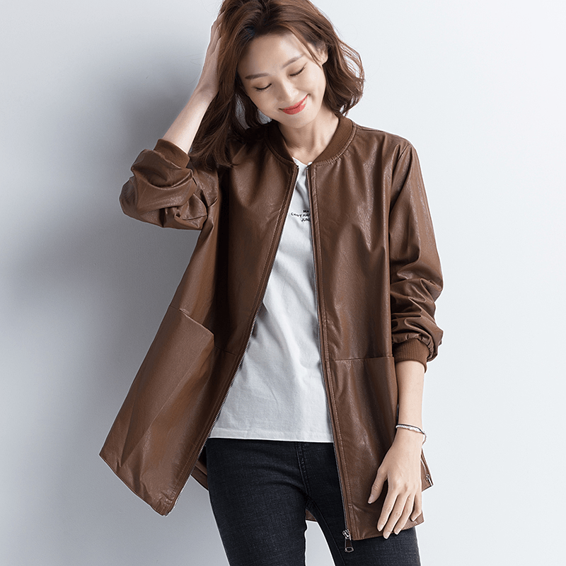 plus size oversize PU Leather women casual Loose spring autumn Zipper Wild Jacket 2020 Clothes Coat Outerwear - Omychic