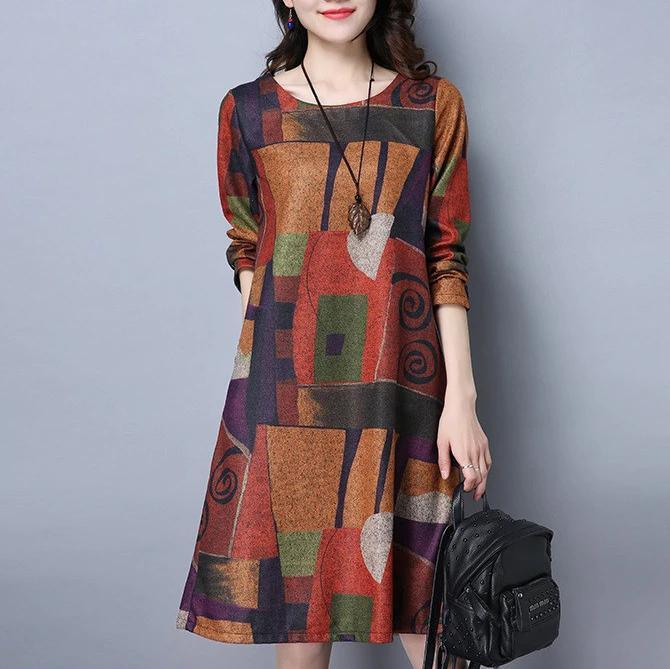 long sleeve cotton vintage print women casual loose midi autumn spring winter party dress  2019  ladies dresses - Omychic