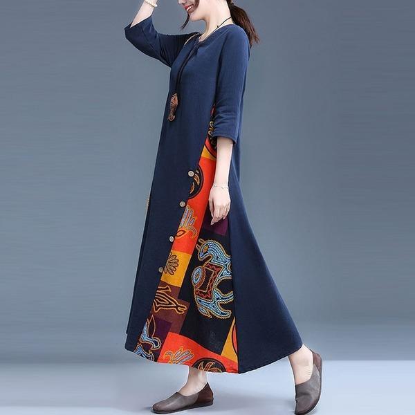 Plus Size Women Cotton LinenPrint Loose Female A-line Dresses - Omychic