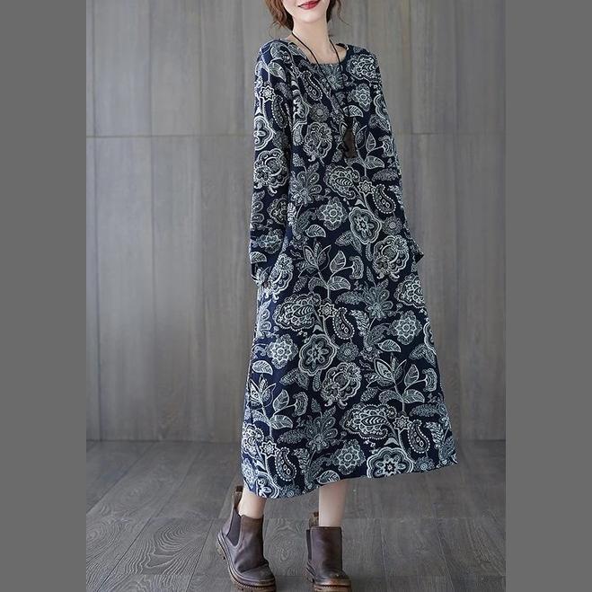 long sleeve plus size cotton linen vintage floral for women casual loose spring autumn dress - Omychic