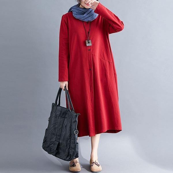 New Arrival 2020 Simple Style Vintage Solid Color Loose Comfortable Ladies A-line Dresses - Omychic