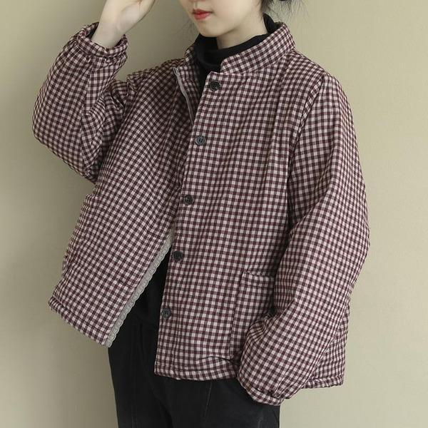 Women Vintage Plaid Parkas Button Cotton Blend Stand Pockets - Omychic