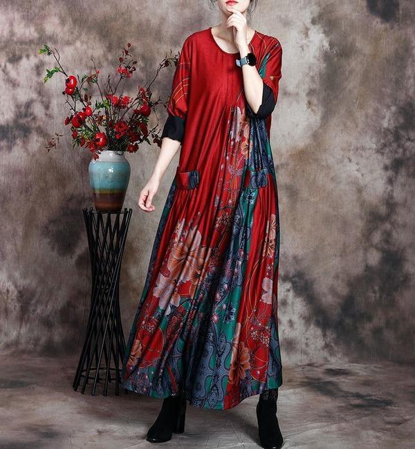 Women Loose Printed Dress Ladies Wrinkle Plus Size Dress - Omychic