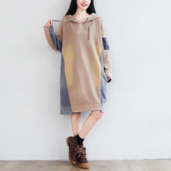 Patchwork Hooded Dress Ladies Plus Size Irregular Length Hooded Dresses - Omychic