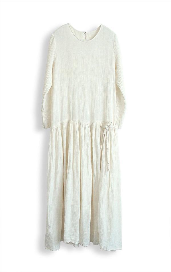 Vintage Solid Color Simple Dress Ladies Cotton Ramie Dresses Female 2020 Autumn Loose Dress - Omychic