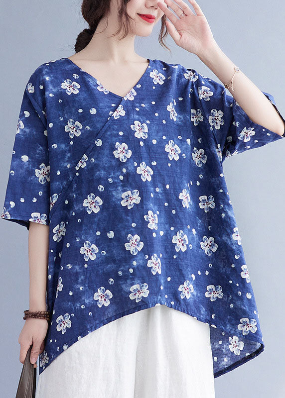 French Blue V Neck Print asymmetrical design Fall Half Sleeve Shirt Top