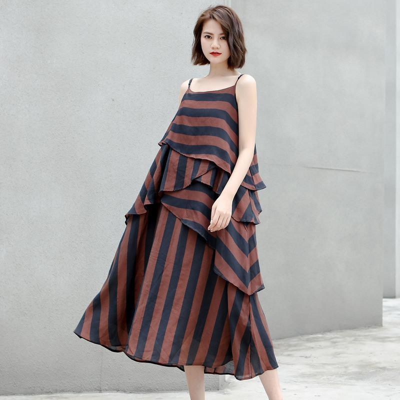 Cotton Vintage Striped Loose Slip Dresses - Omychic