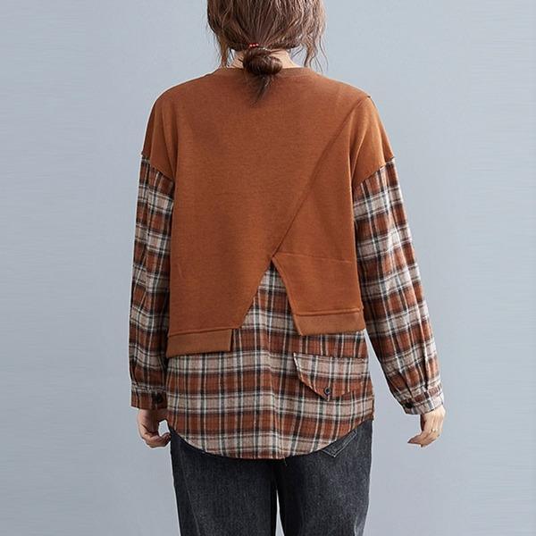 Style Vintage Plaid Patchwork Loose Ladies Pullovers Hoodies - Omychic