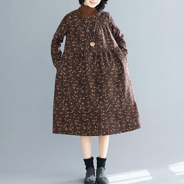 New Arrival 2020 Autumn Winter Turtleneck Vintage Floral Print Loose Female Long Dresses - Omychic